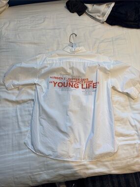 White Short-Sleeve Button-Down Shirt with Red Back Print